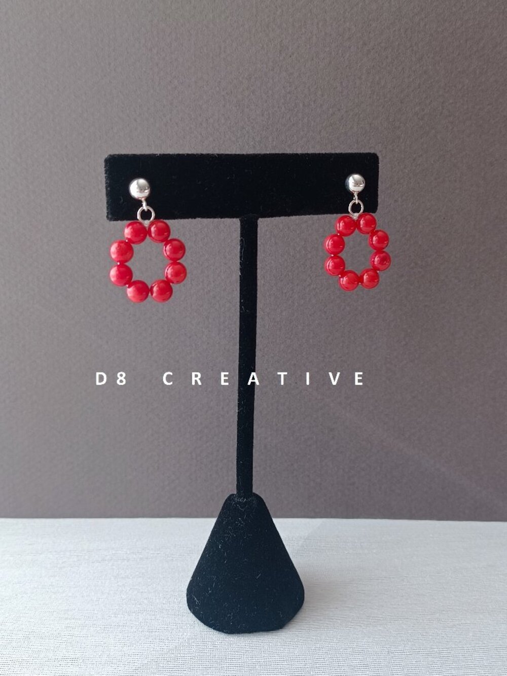 New handmade red coral stone flower with solid sterling silver earring